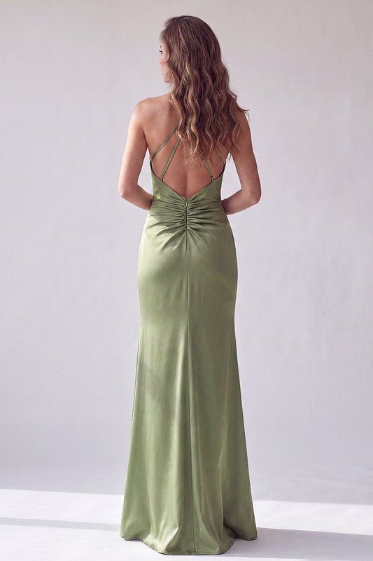 Green Ruched Mermaid Halter Crossed Straps Long Formal Dress
