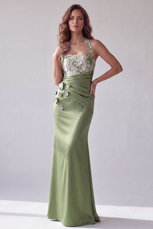 Robe de Soirée Fourreau Froncée Col Halter Ornée de Motifs Floraux Vert Mermaïd