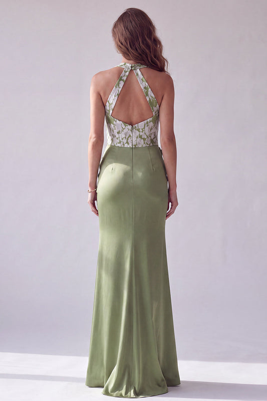 Robe de Soirée Fourreau Froncée Col Halter Ornée de Motifs Floraux Vert Mermaïd