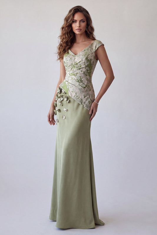 Robe de soirée sirène vert clair à motif floral 3D, froncée et à manches courtes