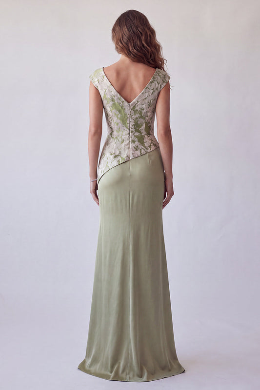 Robe de soirée sirène vert clair à motif floral 3D, froncée et à manches courtes