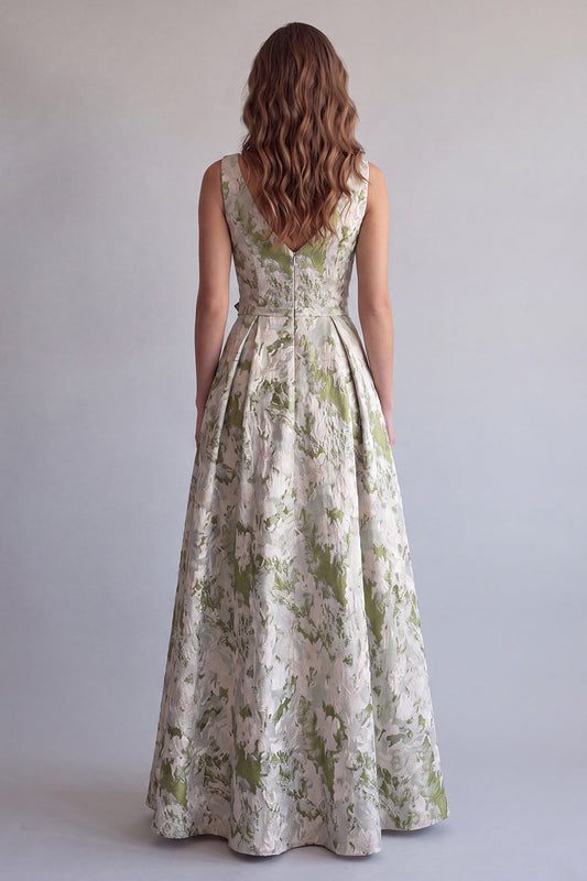 Robe de soirée trapèze jacquard froncé vert clair à fleurs et fleur 3D