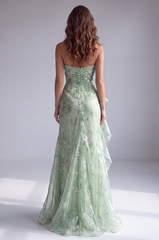 Robe de soirée sirène verte bustier plissée à fleurs et volants