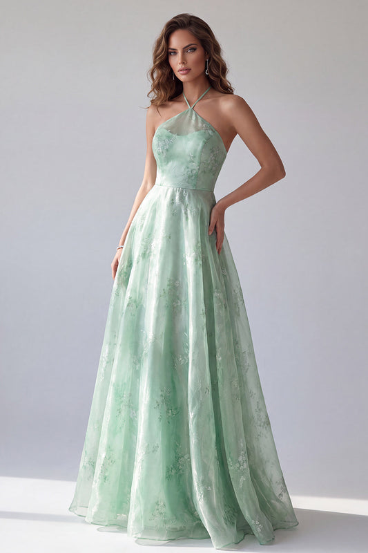 Robe de soirée longue trapèze en organza fleurie et dos nu vert
