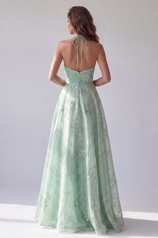 Robe de soirée longue trapèze en organza fleurie et dos nu vert
