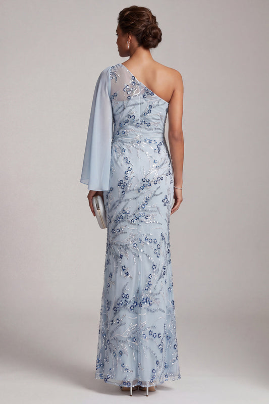 Robe longue de mère de la mariée sirène asymétrique à paillettes florales bleu ciel