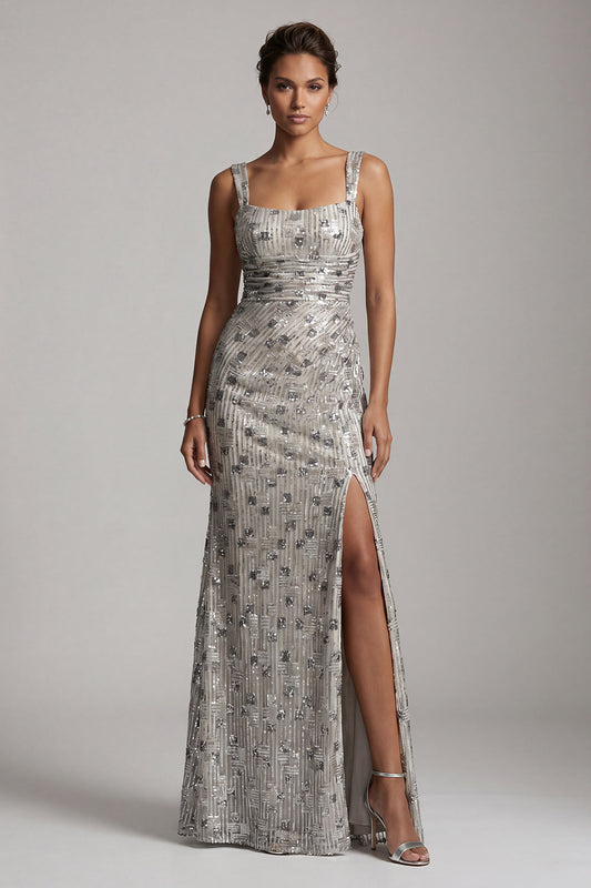Robe longue de mère de la mariée sirène argentée à encolure carrée perlée avec fente