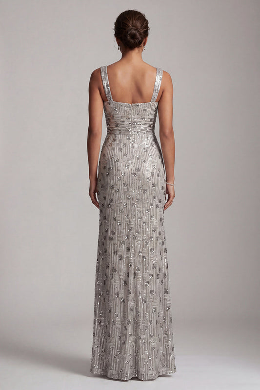 Robe longue de mère de la mariée sirène argentée à encolure carrée perlée avec fente