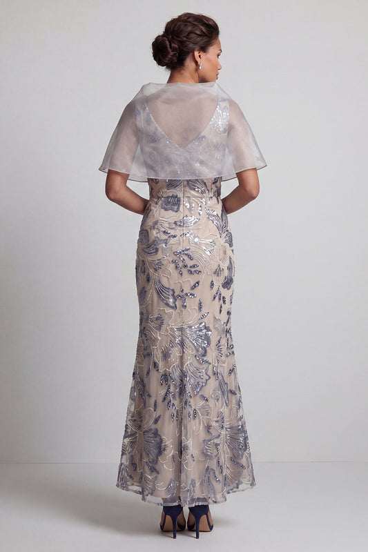 Robe sirène longue fleurie en sequins avec col en V et cape pour mère de la mariée