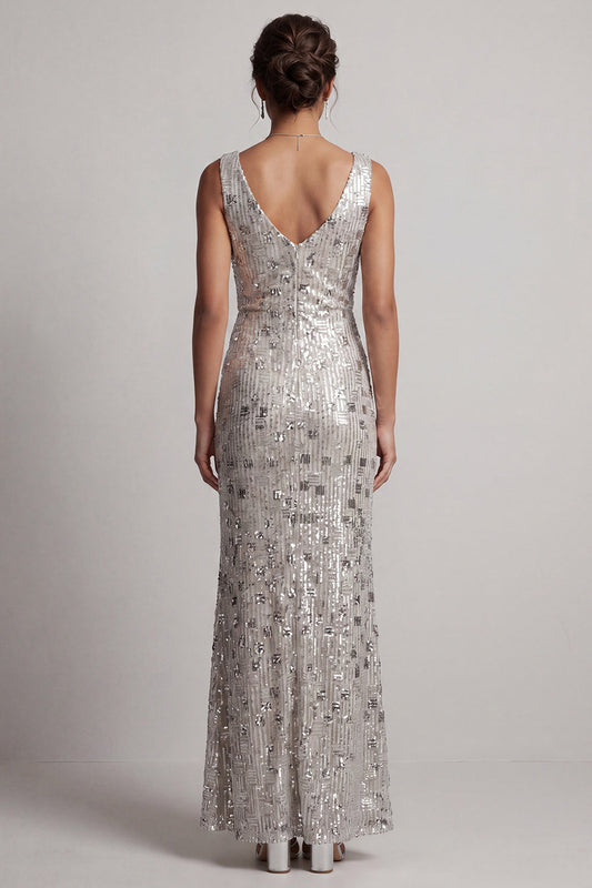 Robe longue sirène à sequins avec col bénitier argenté étincelant pour la mère de la mariée