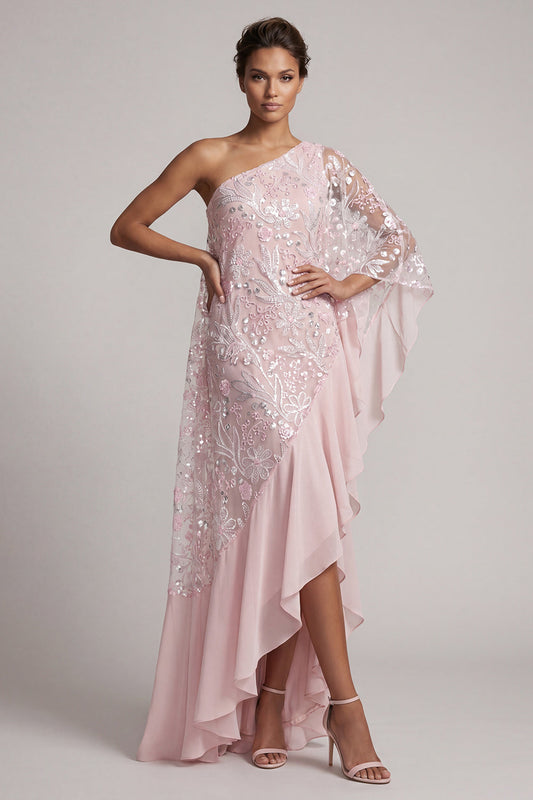 Robe fourreau longue de mère de la mariée rose à une épaule, ornée de sequins, de volants et de perles