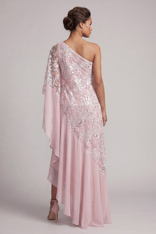Robe fourreau longue de mère de la mariée rose à une épaule, ornée de sequins, de volants et de perles