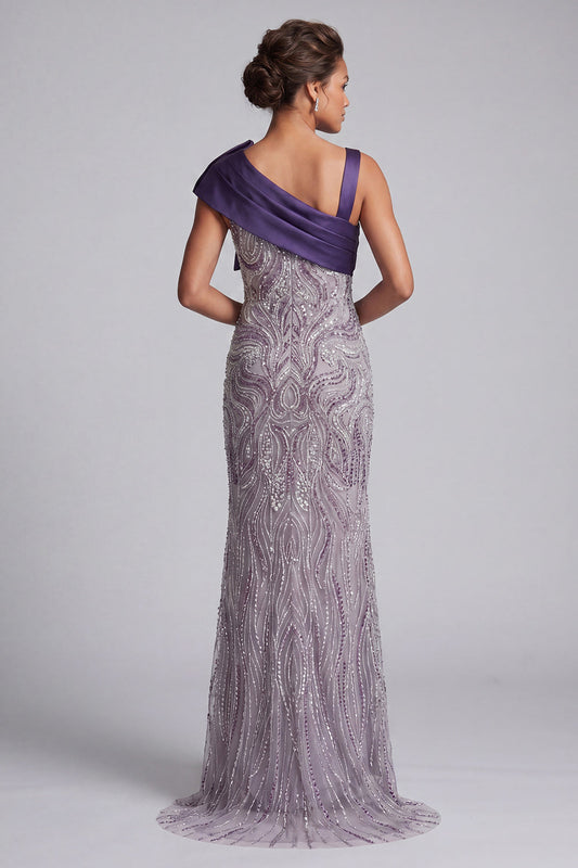 Robe longue sirène pour mère de la mariée violette ornée de perles avec nœud et poches