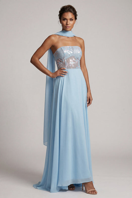 Robe longue de mère de la mariée en mousseline de soie, ligne A, bustier bleu ciel transparent à paillettes