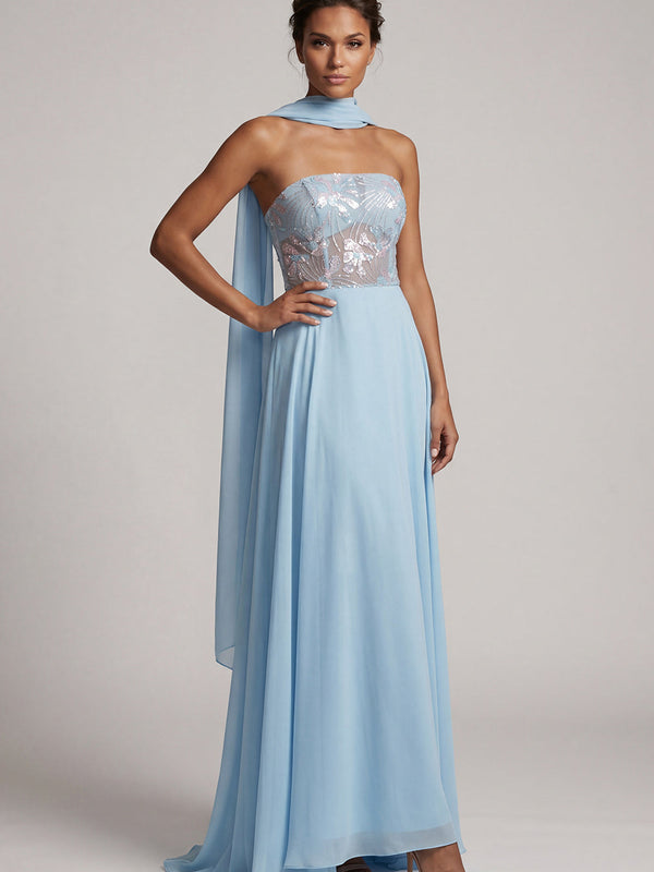 Robe longue de mère de la mariée en mousseline de soie, ligne A, bustier bleu ciel transparent à paillettes