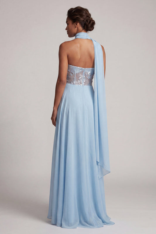 Robe longue de mère de la mariée en mousseline de soie, ligne A, bustier bleu ciel transparent à paillettes