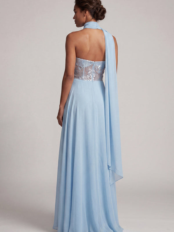 Robe longue de mère de la mariée en mousseline de soie, ligne A, bustier bleu ciel transparent à paillettes