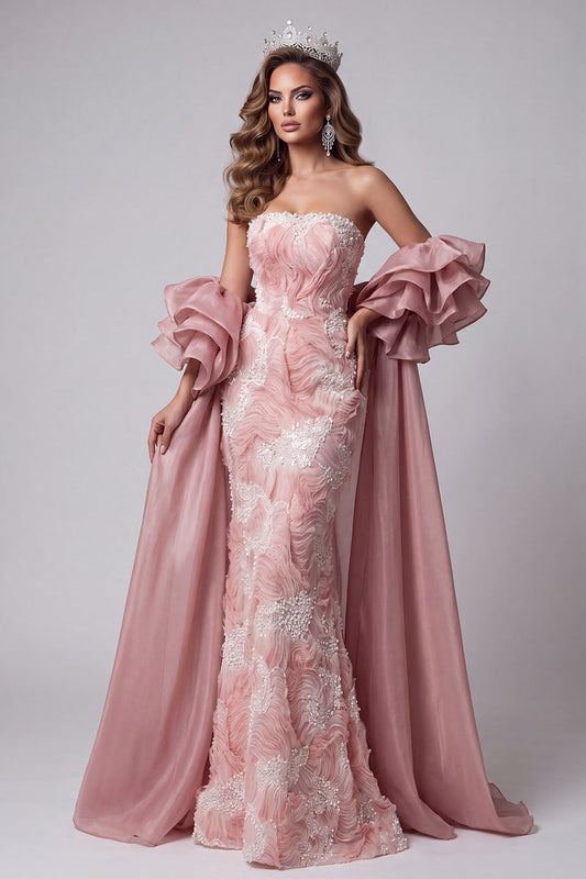 Robe de soirée longue sirène rose sans bretelles perlée avec traîne