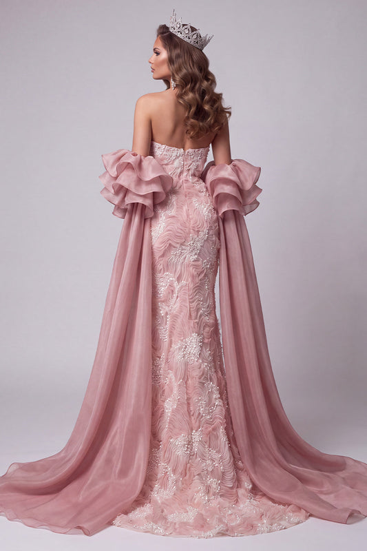 Robe de soirée longue sirène rose sans bretelles perlée avec traîne
