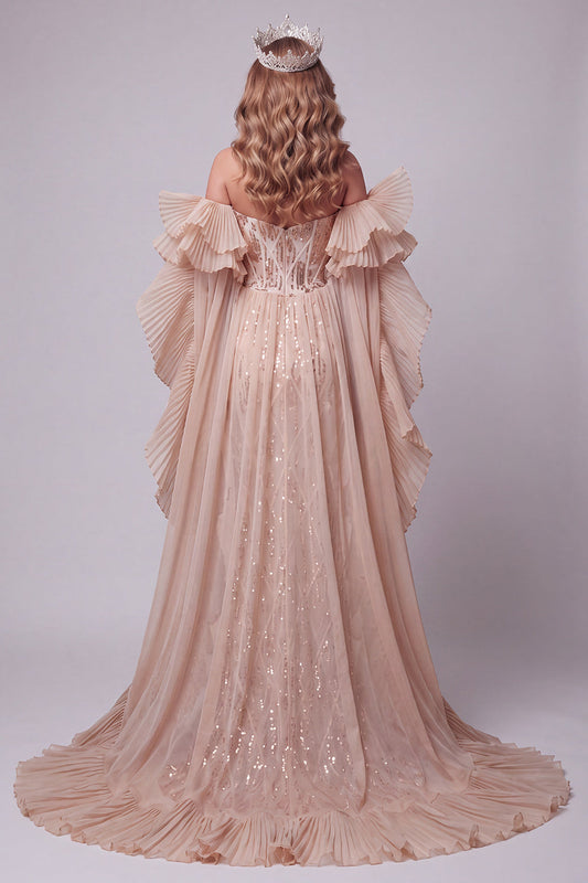 Champagne Sweetheart Mermaid Sequins Long Pageant Dress with Train