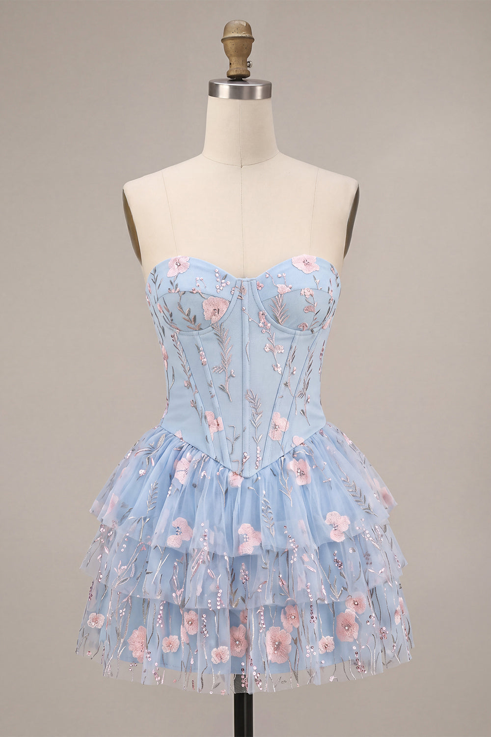Blue A-Line Strapless Corset Floral Tiered Ruffled Basque Waist Homecoming Dress