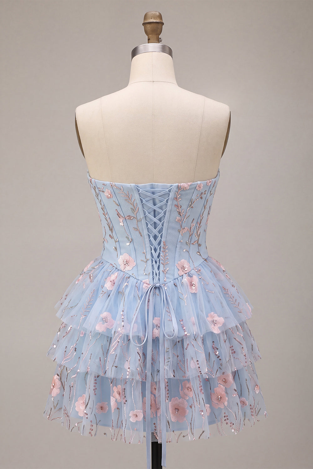 Blue A-Line Strapless Corset Floral Tiered Ruffled Basque Waist Homecoming Dress