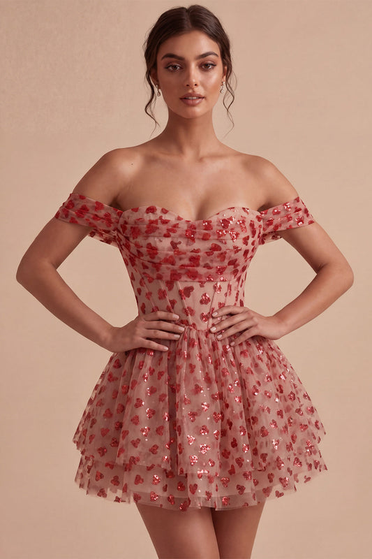 Robe de bal de fin d'année rouge à paillettes, coupe trapèze, épaules dénudées, bustier et volants étagés