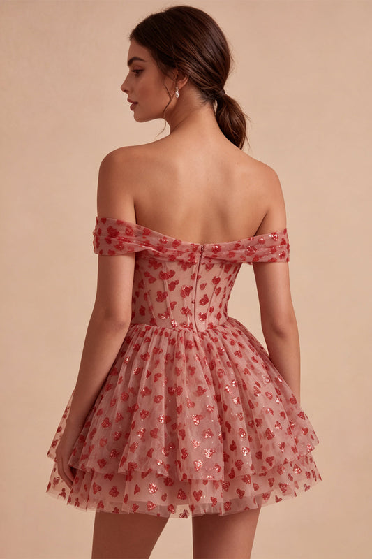 Robe de bal de fin d'année rouge à paillettes, coupe trapèze, épaules dénudées, bustier et volants étagés