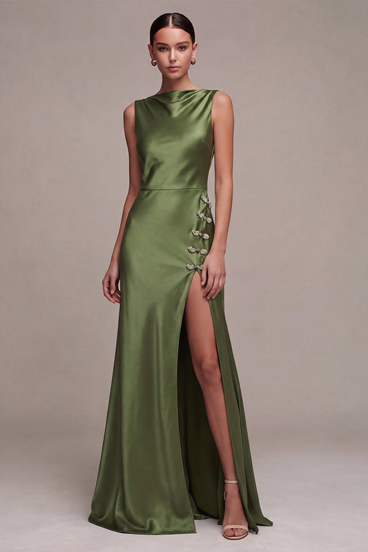 Robe de Soirée Longue en Satin Olive avec Col Bateau et Fente Sirène