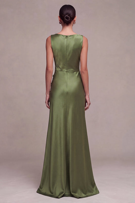 Robe de Soirée Longue en Satin Olive avec Col Bateau et Fente Sirène