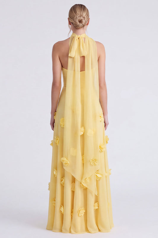 Robe longue de demoiselle d'honneur sans bretelles en mousseline coupe trapèze Jonquille avec fleurs 3D
