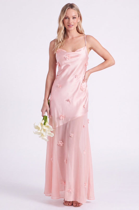Pink Sheath Satin Spaghetti Straps Long Bridesmaid Dress with 3D Flowers