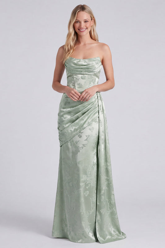 Satin Sage Strapless Ruched Mermaid Floral Long Bridesmaid Dress with Sash