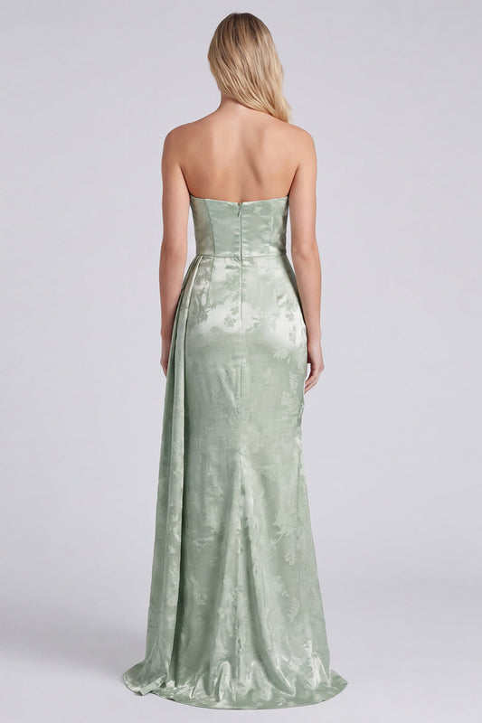 Satin Sage Strapless Ruched Mermaid Floral Long Bridesmaid Dress with Sash