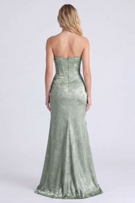 Robe longue de demoiselle d'honneur bustier sirène froncée avec fente et corset floral sauge