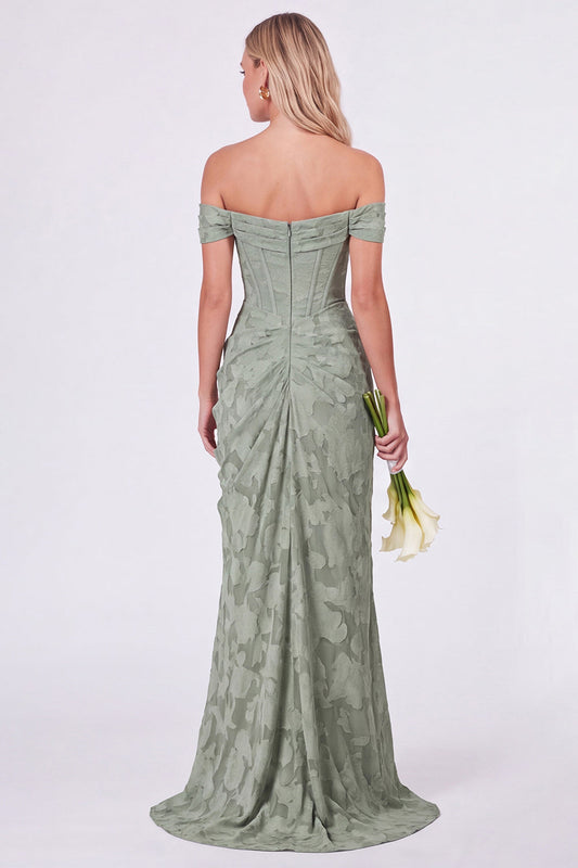 Robe de demoiselle d'honneur sirène sauge florale avec corsage, épaules dénudées et fente