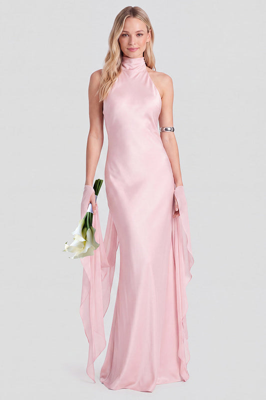 Pink Halter Neck Satin Mermaid Long Bridesmaid Dress