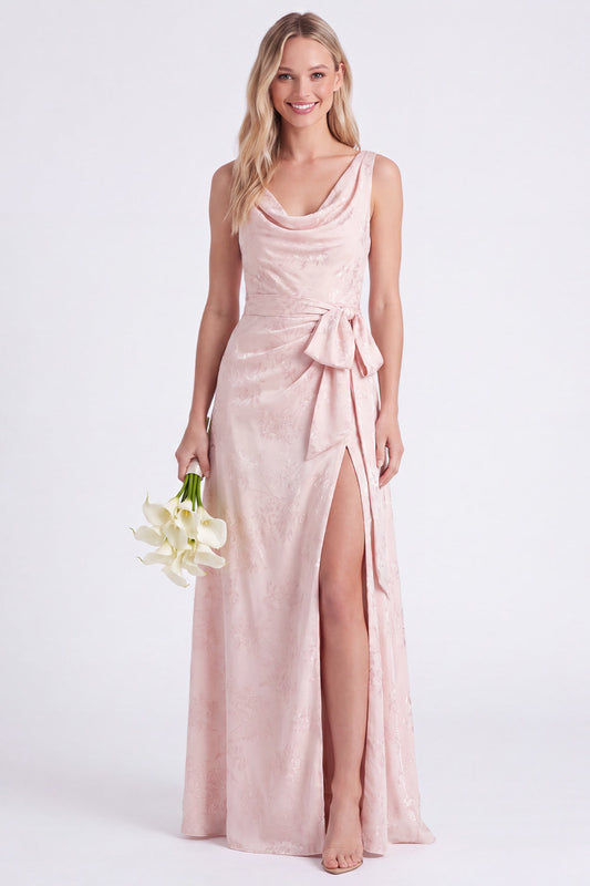 Pink Flower Cowl Neck A-Line Belt Long Bridesmaid Dress with Slit