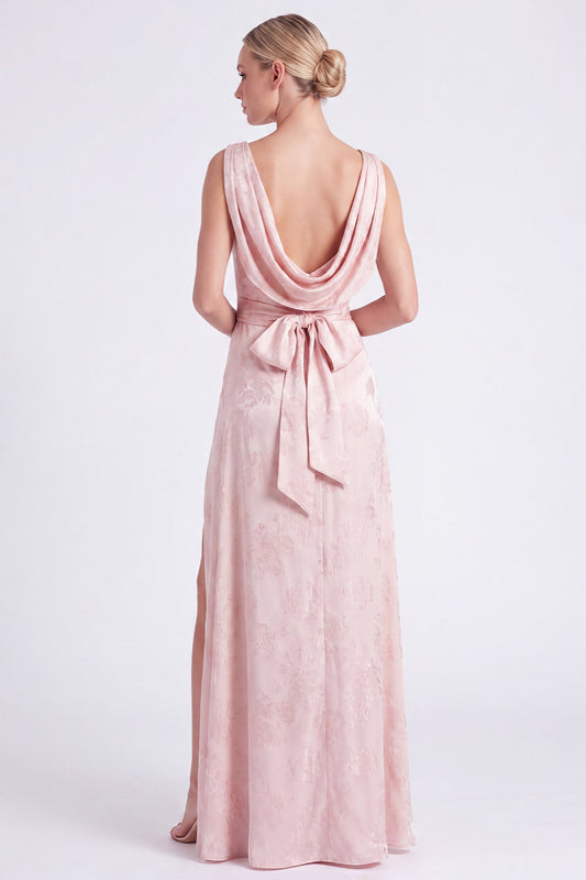 Pink Flower Cowl Neck A-Line Belt Long Bridesmaid Dress with Slit