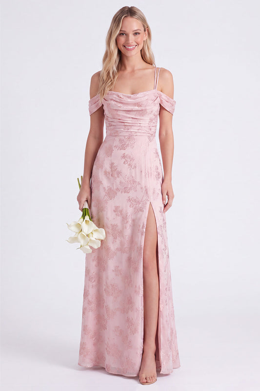 Pink Cold Shoulder Floral Ruched A-Line Lace Up Back Long Bridesmaid Dress with Slit