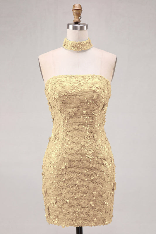 Vestido corto de regreso a casa Gold Strapless Sequins Bodycon con espalda con cordones