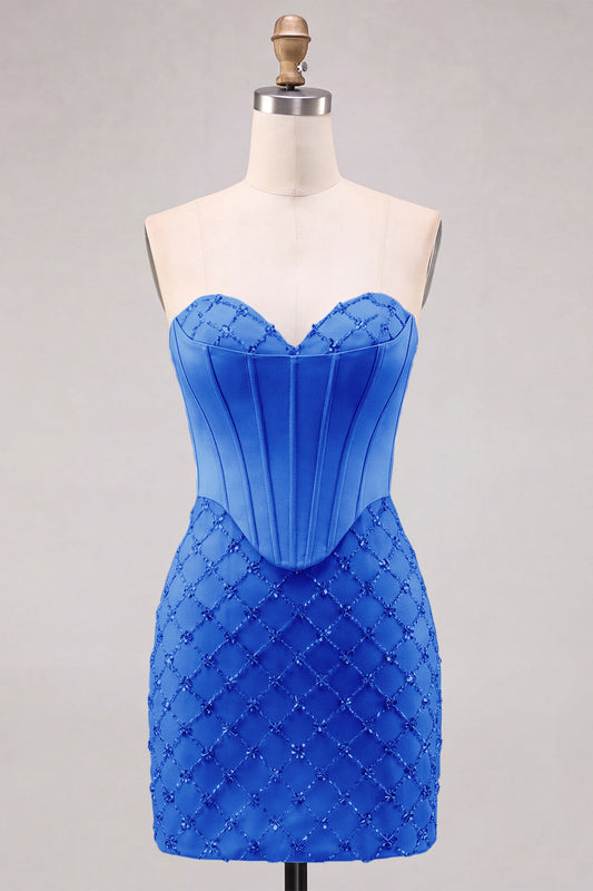 Robe de bal courte bleue Sweetheart avec corsage et perles