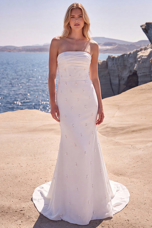 Robe de mariée longue sirène bustier blanche perlée avec nœud