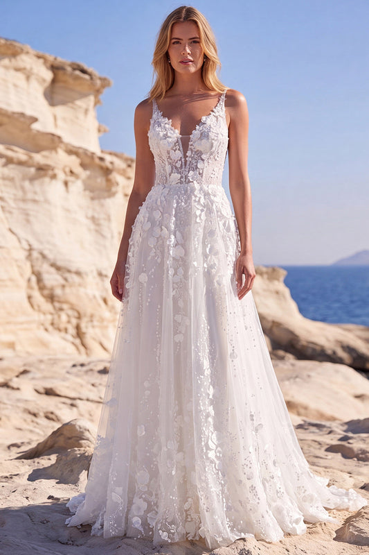 Robe de mariée longue blanche en tulle, forme A, bustier fleuri brodé