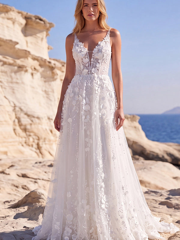 Robe de mariée longue blanche en tulle, forme A, bustier fleuri brodé