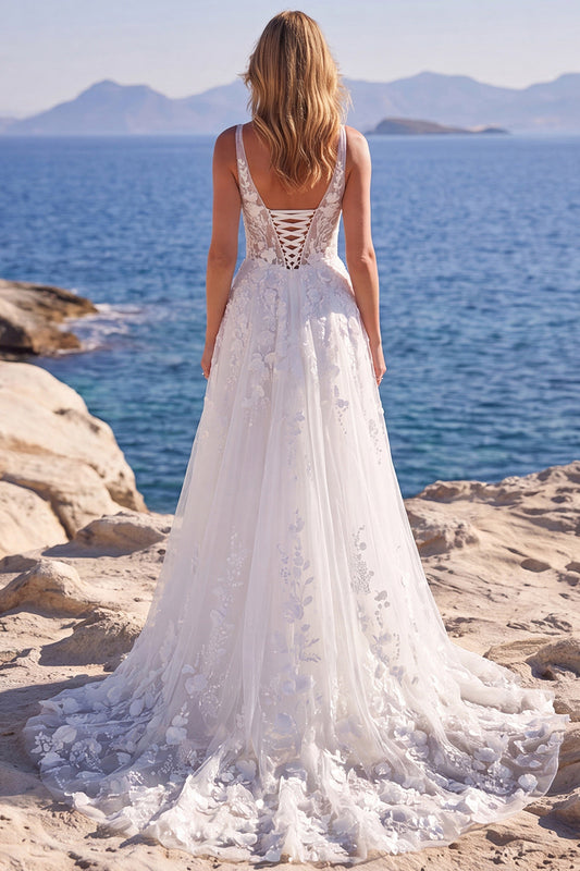 Robe de mariée longue blanche en tulle, forme A, bustier fleuri brodé