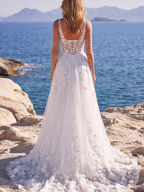 Robe de mariée longue blanche en tulle, forme A, bustier fleuri brodé