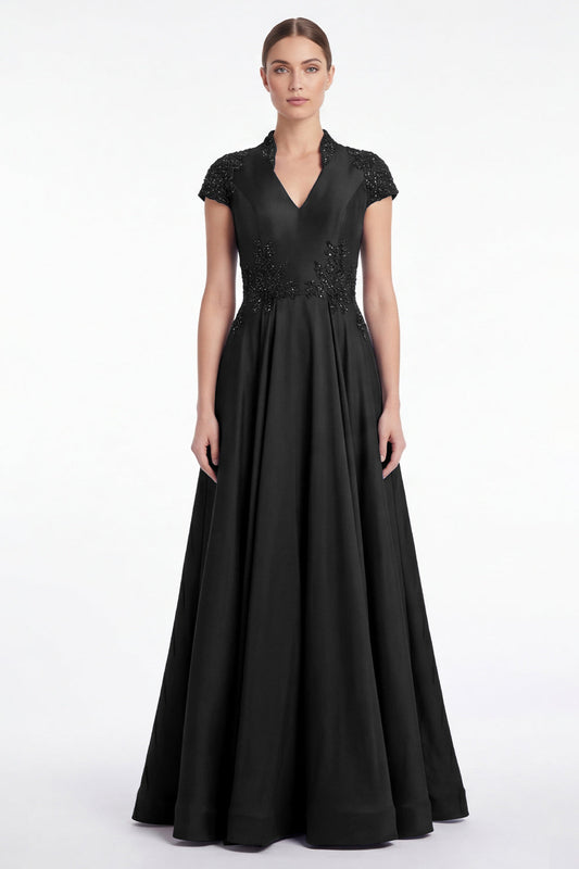 A-Line Black V-Neck Beaded Appliqued Mother Of the Bride Dress with Cap Sleeves