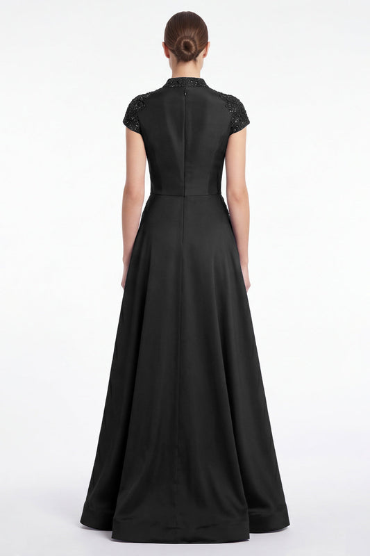 A-Line Black V-Neck Beaded Appliqued Mother Of the Bride Dress with Cap Sleeves
