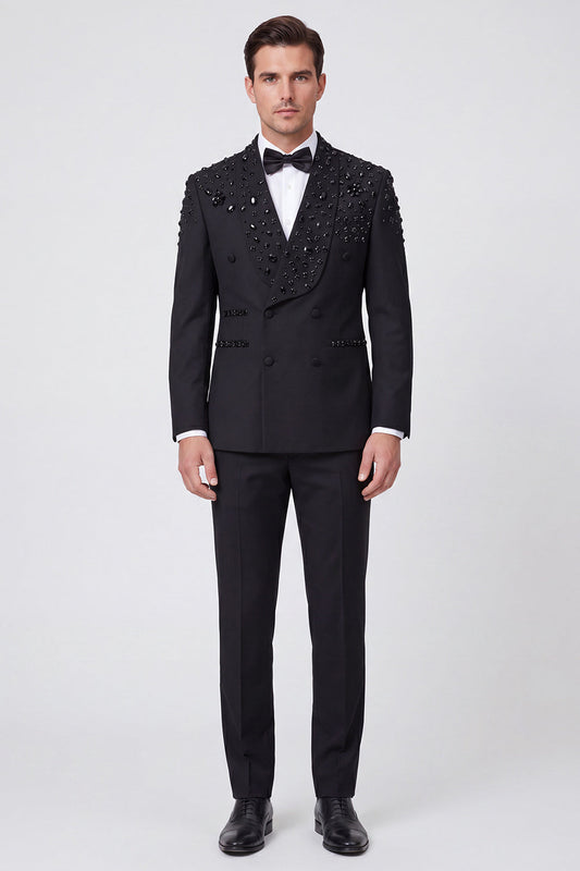 Costume de bal deux pièces croisé pour homme, avec revers en châle noir et perles